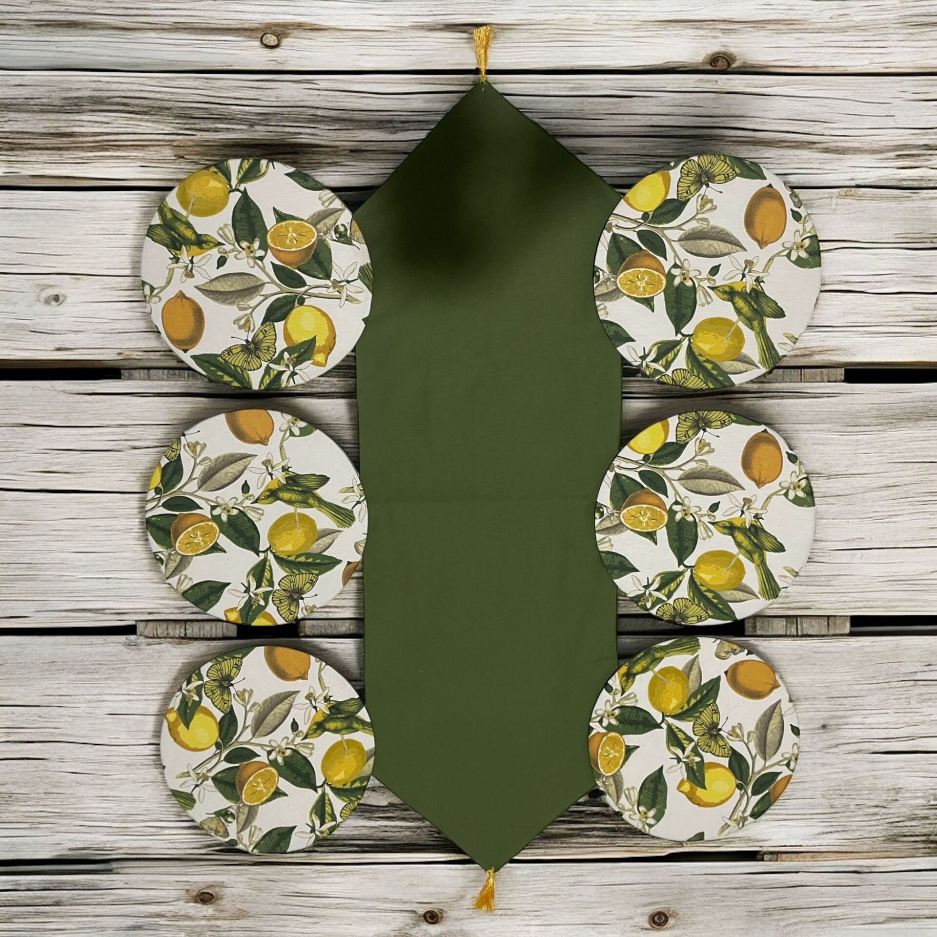 7 Parça Çift Taraflı Yeşil Limon desenli Runner & Supla Seti