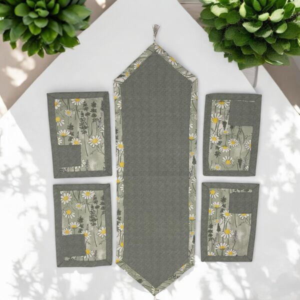 8 Parça Çift Taraflı Önlüklü Gri Papatya Desenli Runner & Supla Seti